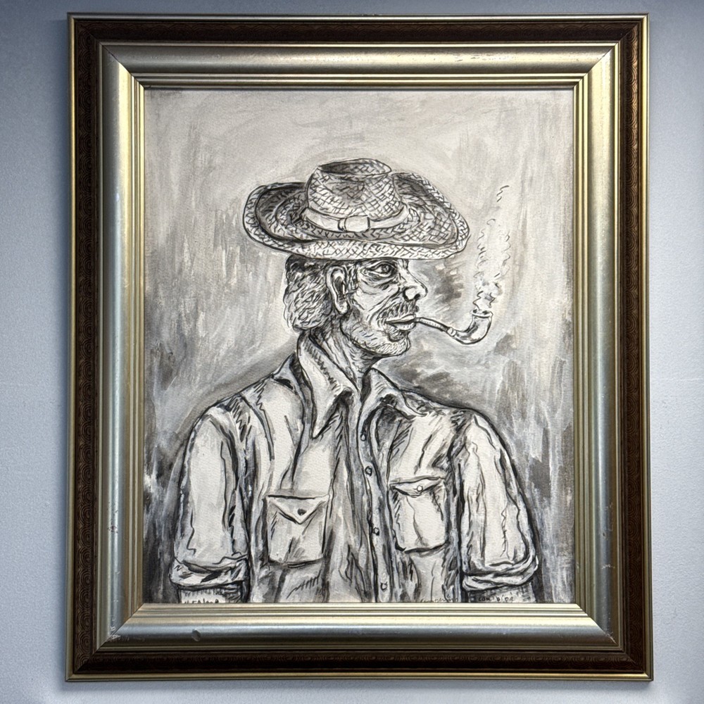 Vintage „Man Smoking A Pipe” Black / White Painting – Signed And Framed 32 x 29