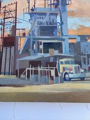 VINTAGE INDUSTRIAL PAINTING SUNSET LANDSCAPE AMERICAN Regionalism 30′ LARGE
