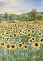 Sunflower Landscape Italy Watercolor Original Painting