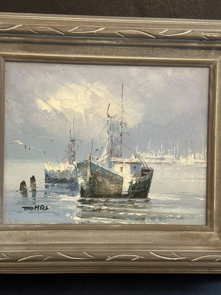 Thomas Oil Painting Blue Seascape Harbor Boats Framed Canvas Vintage 12”x14”