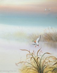 Beautiful Vintage Painting of Ducks Flying over Lake w. Long Grass Signed, Fine!