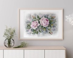 Flowers Delicate Blush BURGUNDY ROSES Original Artwork Modern Painting Floral A4