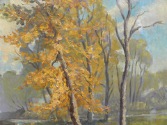 Impressionist vintage painting autumn landscape with tree and creek