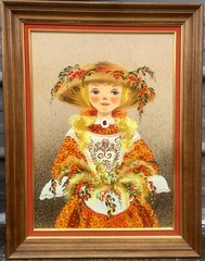 Mid Century Folk Art Girl Oil Painting By Lola Cabot In Original Frame 21X27”
