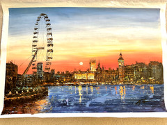 A Hand Signed Original Painting of London Eye, London UK by Atef, Oil on Canvas