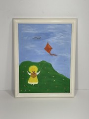 Handmade wall painting “Gentle Breeze” Girl Kite Blue Sky 13×10” REL/ 71 SF Made