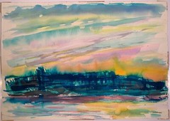 Murray Hantman (1904-1999) Signed Watercolor Painting „Maine Sunset“ c.1984