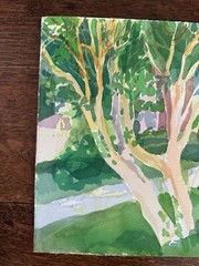 1990s Watercolor Painting Group of Trees and Path California Artist 14 x 11