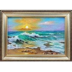 Ocean Sunset Original Oil Painting 4×6 Framed Signed Turquoise Wave Seascape Art