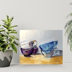 vintage cups blue and white Still Life Oil painting collectible art UKRAINE8x10
