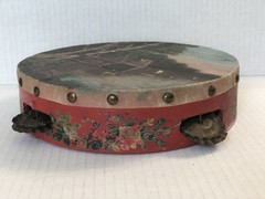ANTIQUE PAINTED TAMBOURINE Drum Cabin Woods PORTRAIT DECORATIVE INSTRUMENT Music