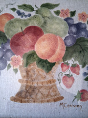 Vintage Framed Folk Art Theorem Painting Fruit Basket signed M Conway 11″ x 12″