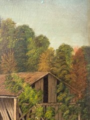 🔥 Antique Old American Southern Folk Art River Landscape Oil Painting, 1860s