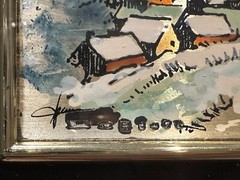 Italian Vintage 70’s Silver Etching Winter Village Scene Velvet Framed Signed