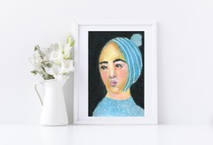 Woman Portrait Painting Blue Winter Art Pom Pom Hat Naive Outsider Miz Katie