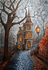 DRACULAS ABANDONED CASTLE Original Painting Magical Fantasy MYSTERIOUS FOREST A4