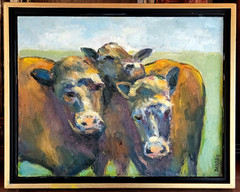 Oil Painting Pastoral Landscape COW Family Farm Animal Original Framed Donalee