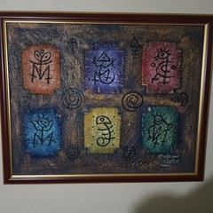 Central America Abstract Colorful Symbols On Canvas Painting Signed 32 1/2 By 27