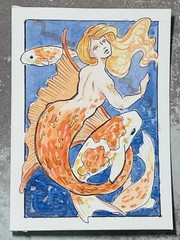 ACEO original ink and watercolor „Orange Koi Mermaid“, 2.5″ x 3.5″