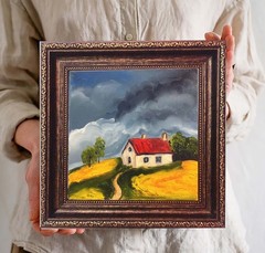 Oil Painting Rural House in Field Landscape 8×8 inch Cotton Canvas Handmade Arts