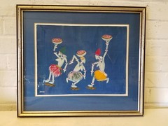 Vintage Gouache Painting African Art of Women Dancing and Celebrating by Kada M.