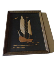 Vintage 70s Poland Sail Boat Straw Picture Black Fabric Ship Straw Painting