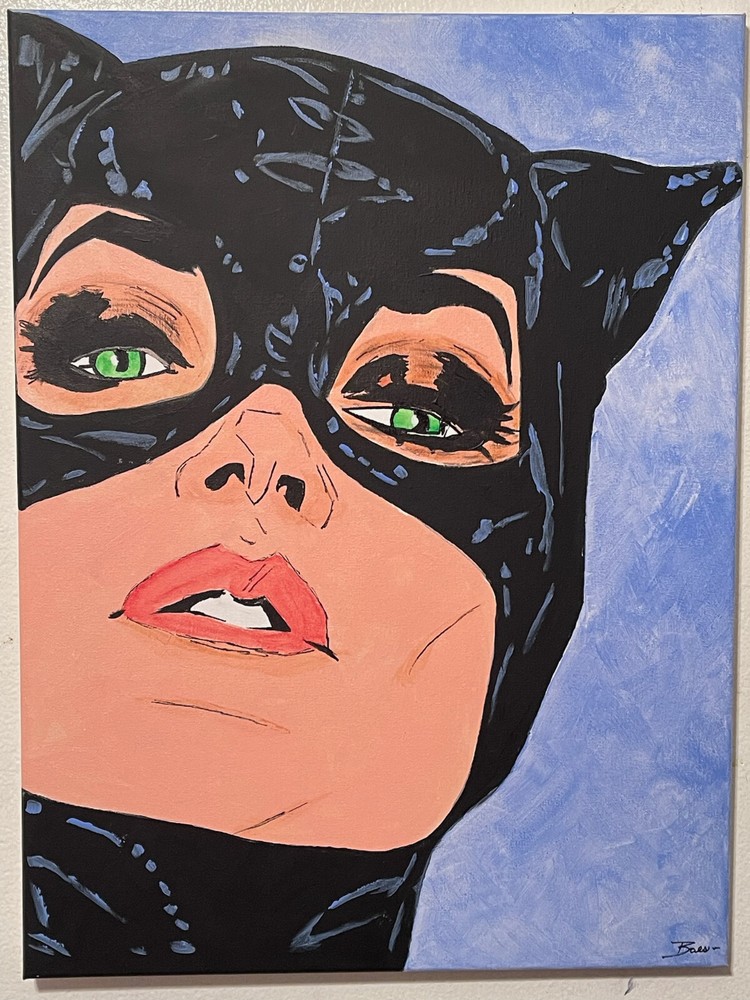 Seasoned Art Catwoman DC Comics fan art Green Eyes Gotham hand painted portrait