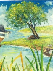 16 x 20 Oil Painting Kingfisher Bird w Fish Stream Cattails Trees Clouds signed