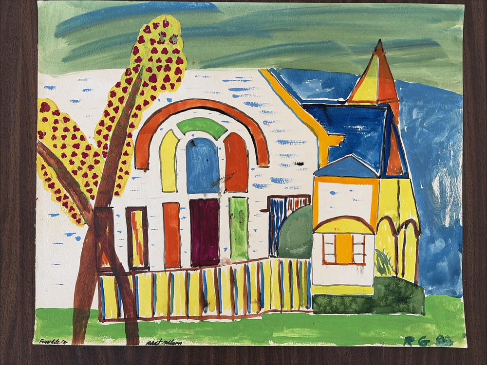 Vintage 80s Outsider Art Church Landscape Painting Robert Gilkerson 20×16″