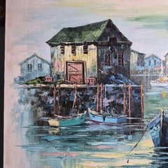 Vintage Original Signed Oil Painting of Harbor Scene Featuring a Fishing Boat