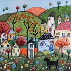 VILLAGE CAT 12x12x3/4 inch ORIGINAL CANVAS PAINTING whimsy folk art Karla Gerard