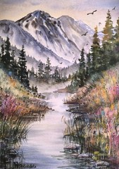 FOGGY FOREST MOUNTAINS Original Art Painting BIRD FLYING RIVER Bob Ross Style A4