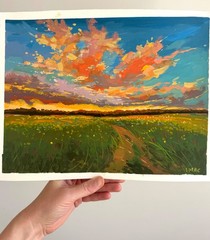 Original Gouache Painting Sunset Abstract Sunset Landscape Modern Art 12×9