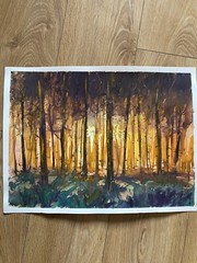 Watercolor Autumn Painting Landscape Forest Bob Ross Style Art Mountains Sunset
