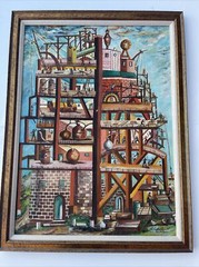 Vintage Industrial Painting Construction Workers Factory Urban Modernism Listed
