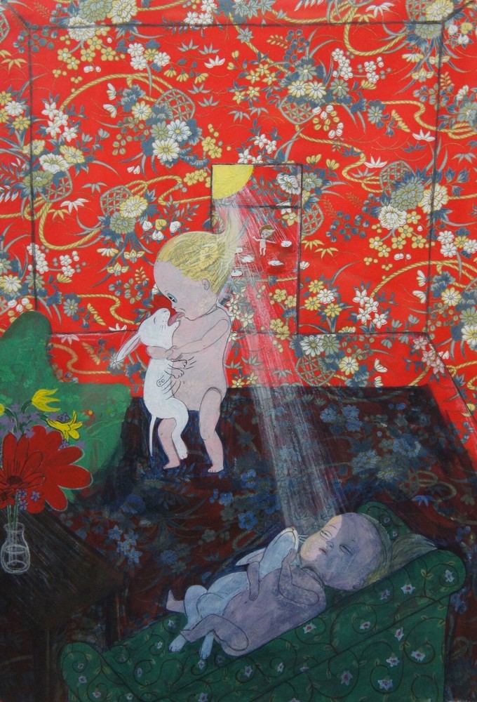 Stavit Allweis „Bunnies“ Surrealist Dreamscape Painting on Paper Child & Rabbit