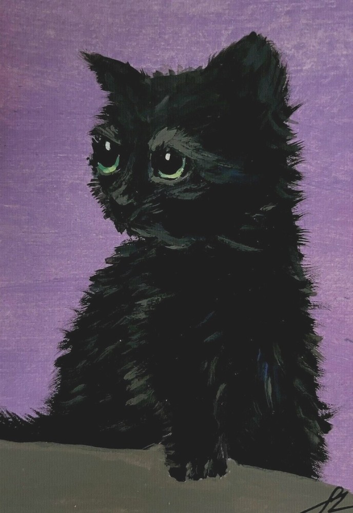 ACEO Print of Original Art Painting Card- Black Kitten Kitty Baby Cat by Saulite