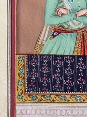 Antique Indian Hand Painted Portrait of Mughal Emperor in Green 3.75″ x 6″