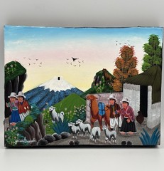 Gustavo Quindigalle Tigua Ecuador Folk Art Painting Sheepskin – Andean Village