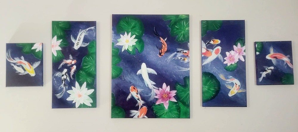 Office Wall Art And Decor, Koi Fish Pond Painting, 5 Canvas, 3 Sizes