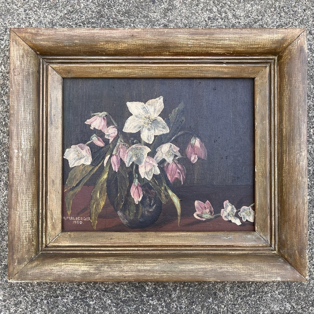 Vtg 1950 MCM Original Oil Painting Signed M. Perlberger Floral Still Life 12×14