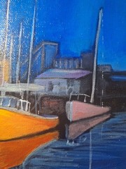 Original Impressionist 8×8 Sailboat Harbor Acrylic Panel Painting Signed Blue