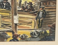 Wpa Style 1940S Original Watercolor Painting Livestock Auction By A. Campbell