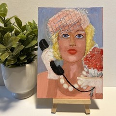 Abstract Girl on Phone Original Acrylic Painting on 5″ x 7″ Canvas Panel OOAK