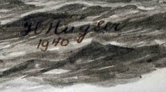 Incredibly detailed Charcoal Drawing Steamship and Chinese Junk H Huyser 1940