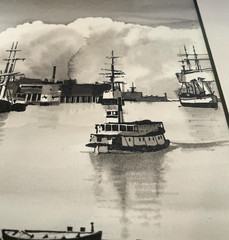 Original Gouache Painting Nautical Historical Harbor Steamship Paddle Wheeler