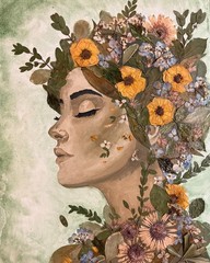 Pressed Flower Portrait, Mixed Media Botanical Wall Art, Acrylic Painting Canvas