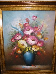 Still Life Oil Painting Art Flowers in Vase Floral Bouquet Signed R. Telson