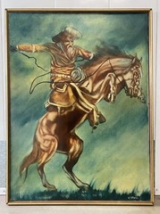 🔥 Vintage Old West Cowboy Horse Bronco Portrait Oil Painting – VERDULT, 1960s
