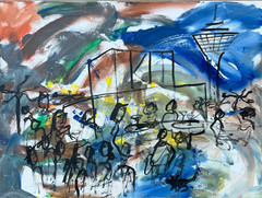 City scene Düsseldorf 60 x 120 cm original sig. Acrylic Picture Expressive Art Milling